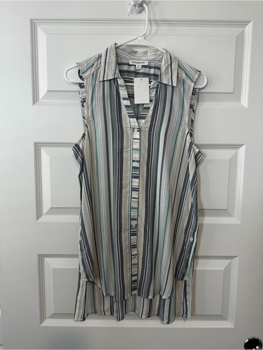 beachlunchlounge Sleeveless Striped Button-Front Tunic - Cream, Gray, Teal